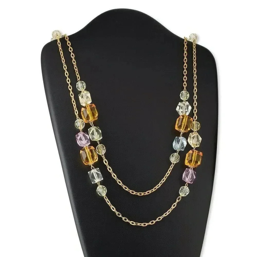 Super Long Chunky Gold Chain Amber Clear Faceted Acrylic Beads Necklace - Picture 3 of 3